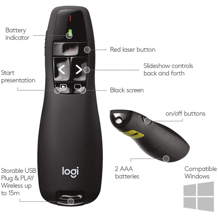 Logitech R400 Laser Wireless Professional Presenter Remote 10m range Black