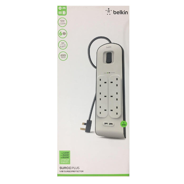 Belkin Surge Plus 4 6 8 Way Outlet Dual Port USB Surge Protector 2.4A Charging 2M Cable