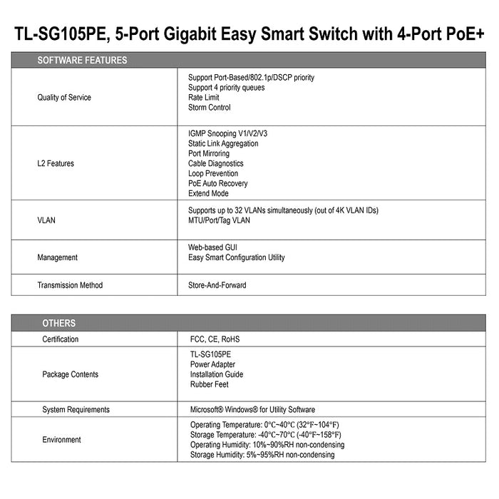 TP Link TL-SG105PE 5 Port/TL-SG108PE 8 Port Gigabit Easy Smart Switch with 4 Port PoE+ Switch
