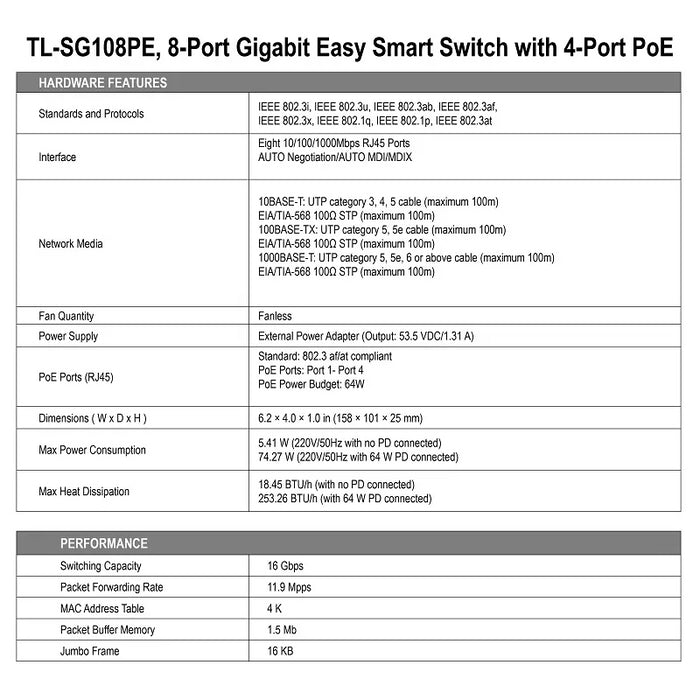 TP Link TL-SG105PE 5 Port/TL-SG108PE 8 Port Gigabit Easy Smart Switch with 4 Port PoE+ Switch